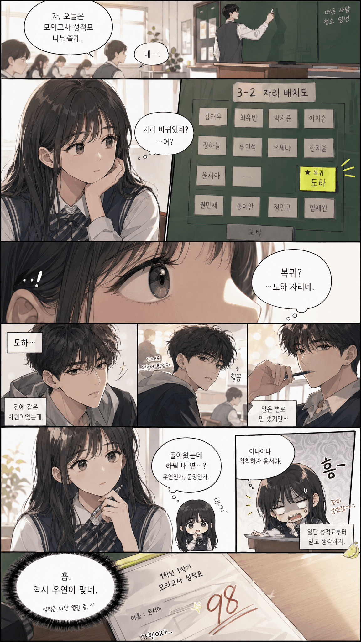 아침 조회 전, 좌석표에 새로 생긴 표시가 도하의 이름을 가리키고 있었다.