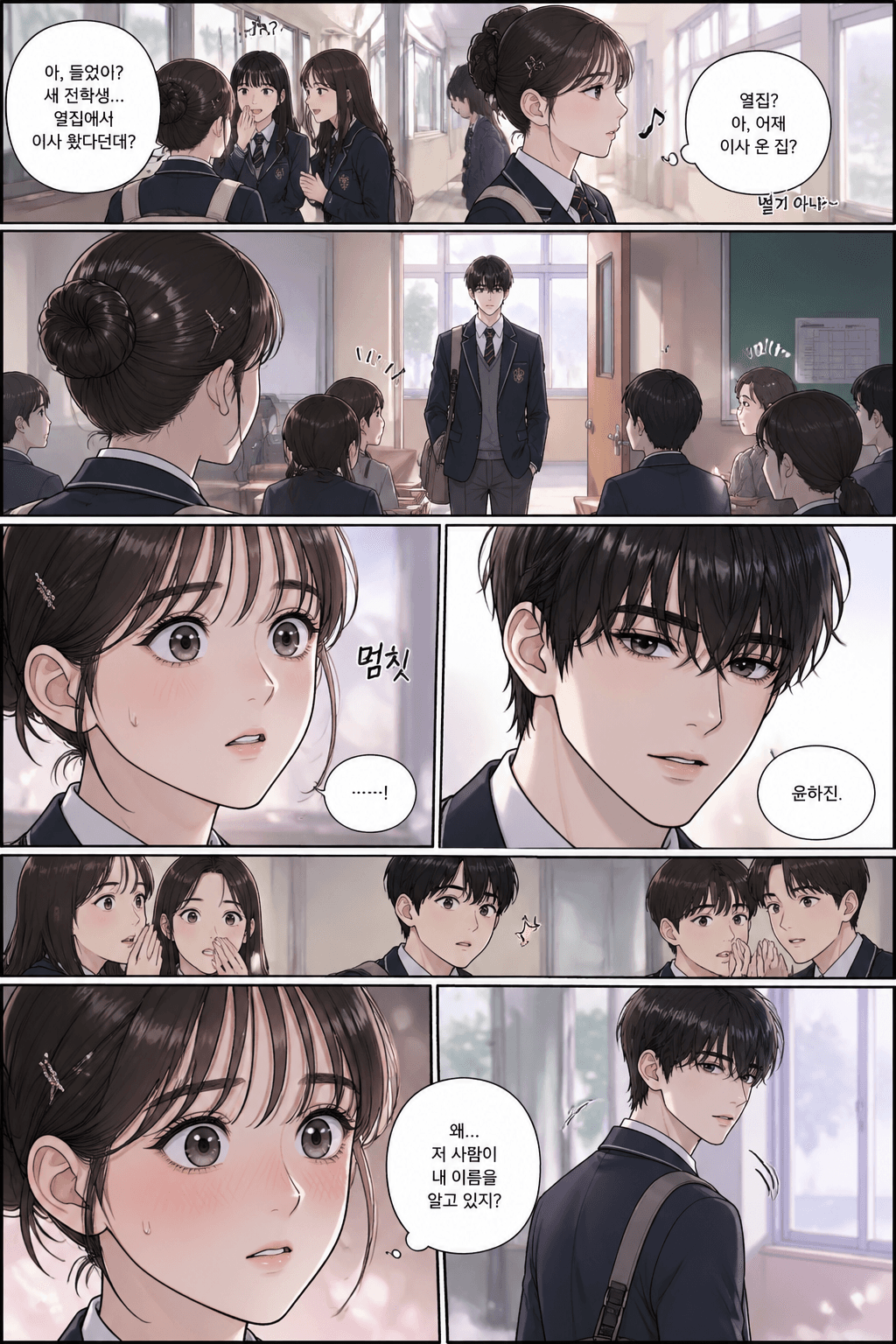 낯선 친밀감이 처음 스치며, 당황 속 설렘이 생기는 순간.